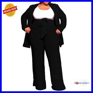Plus Size Business Suit Set Open Front Blazer Elastic Waist Straight Leg Pants